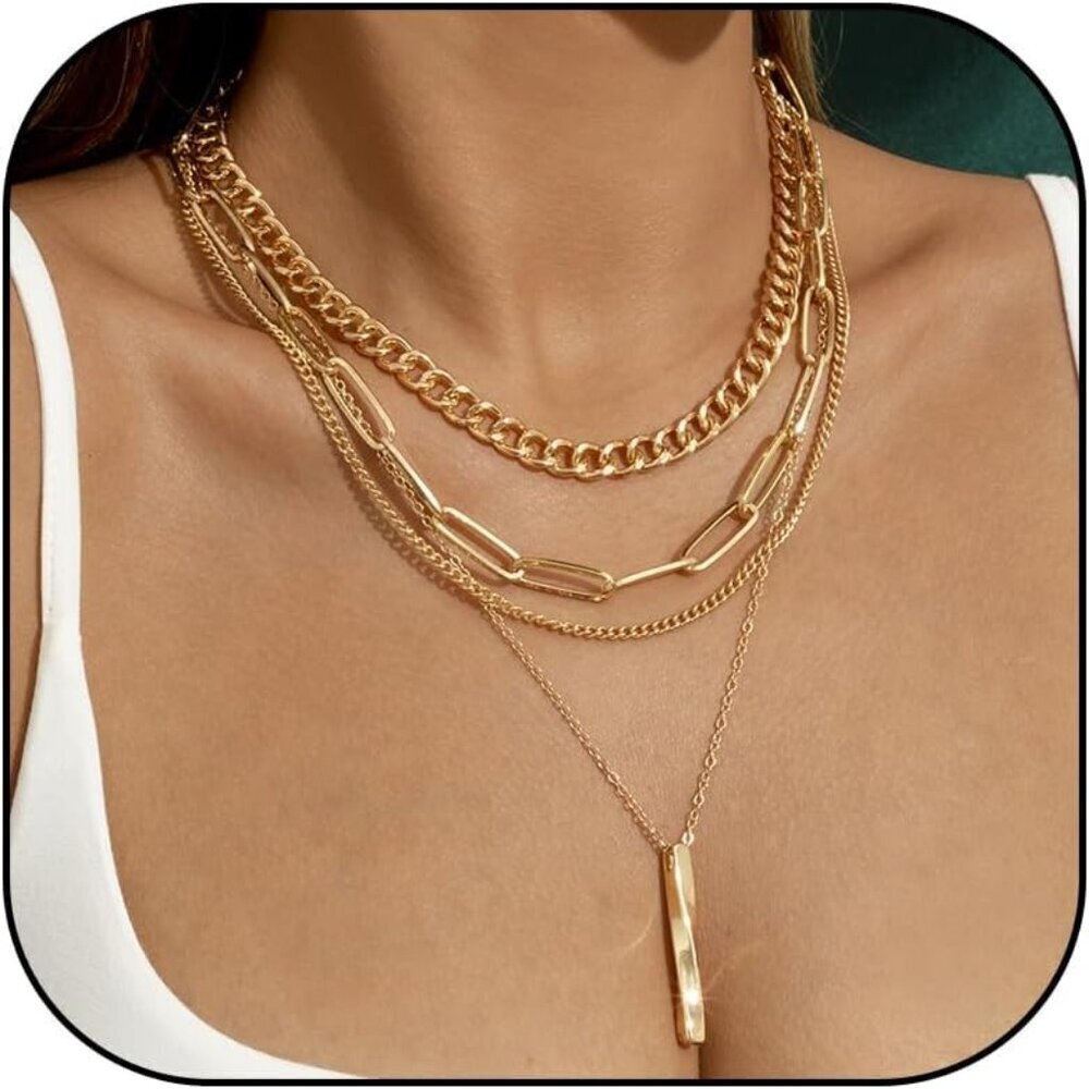 🆕 Women Gold Trendy Chunky Necklace Stack Multilayered Bar Pendant Jewelry Gift